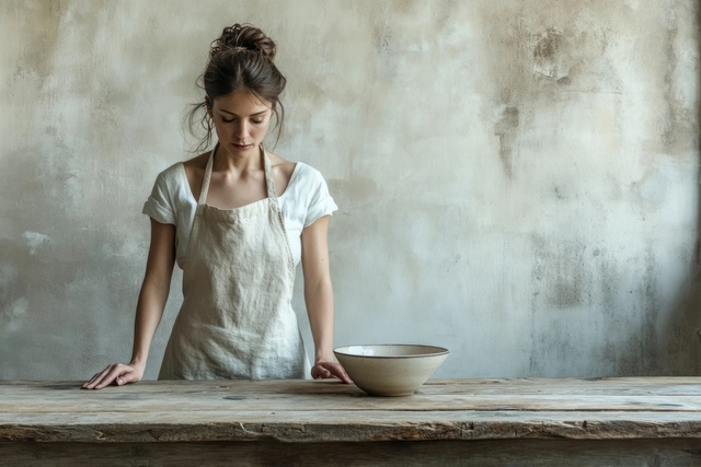 Person wearing a linen apron in the kitchen